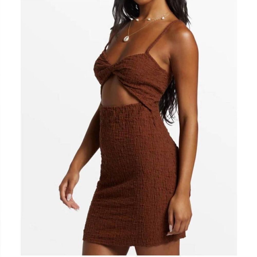 New Billabong Flower Hour Front-Twist Bodycon Mini Dress toasted coconut brown S